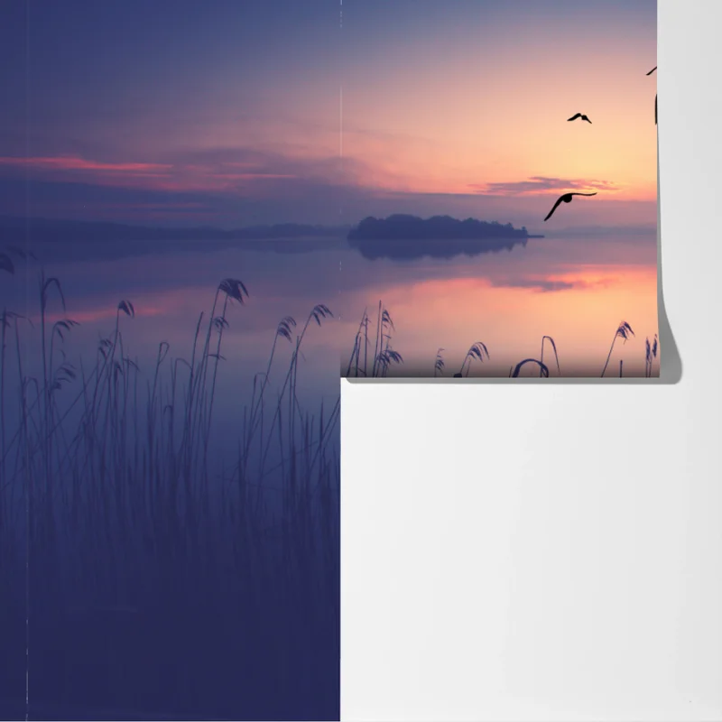 Fototapete ruhiger sonnenaufgang am see mit vögeln Fototapete ruhiger sonnenaufgang am see mit vögeln