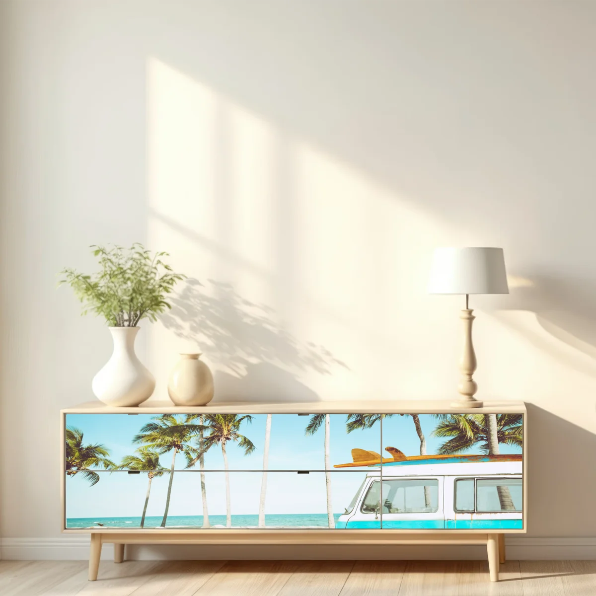 Repositionierbarer Aufkleber vintage surfbus am tropischen strand • Repositionierbare Aufkleber bei Wallnifity® Repositionierbarer Aufkleber vintage surfbus am tropischen strand • Repositionierbare Aufkleber bei Wallnifity®