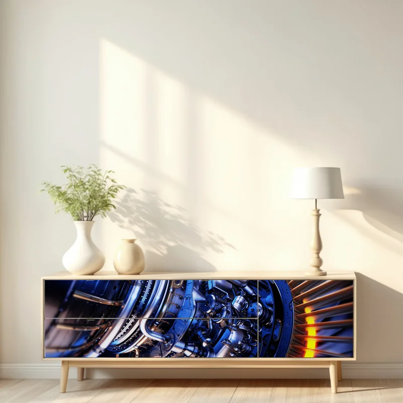 Repositionierbarer Aufkleber nahaufnahme einer turbinenanlage in blau und orange