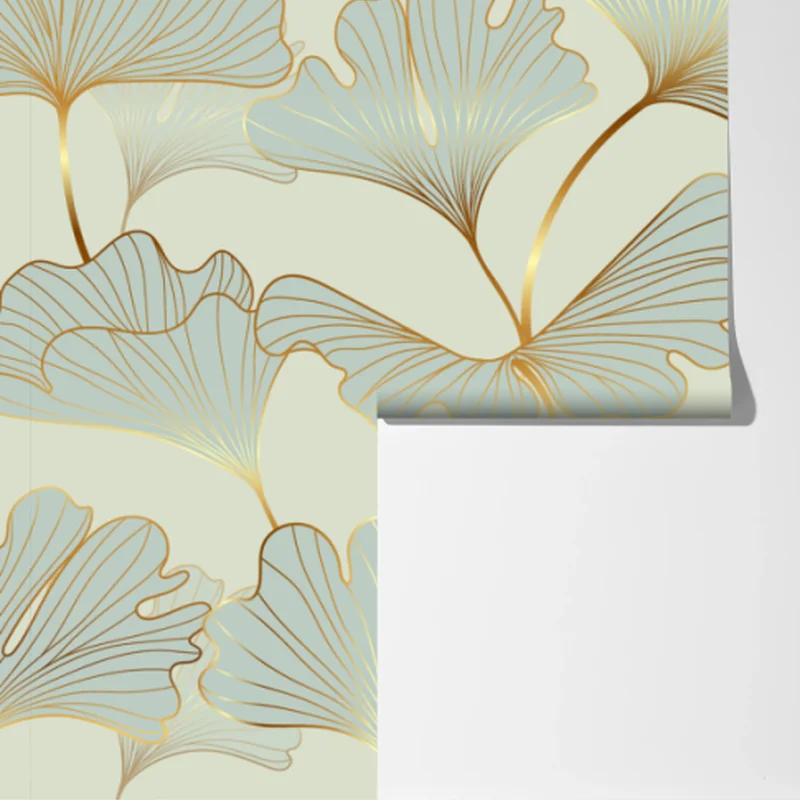 Fototapete pastell ginkgo blättermuster mit goldakzenten Fototapete pastell ginkgo blättermuster mit goldakzenten
