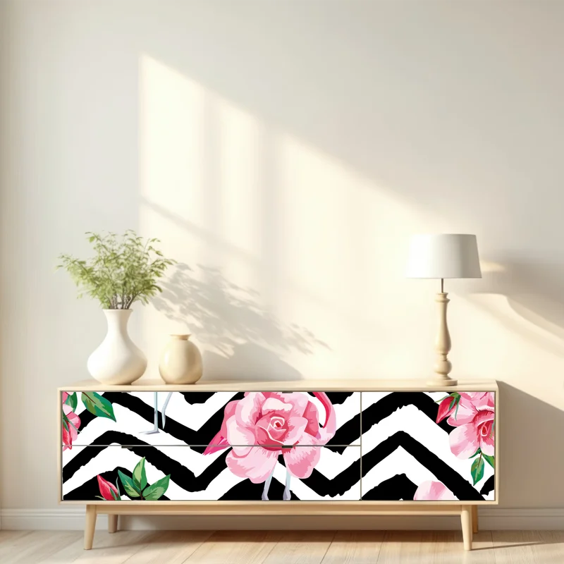 Repositionierbarer Aufkleber tropisches muster mit rosa flamingo und rosen