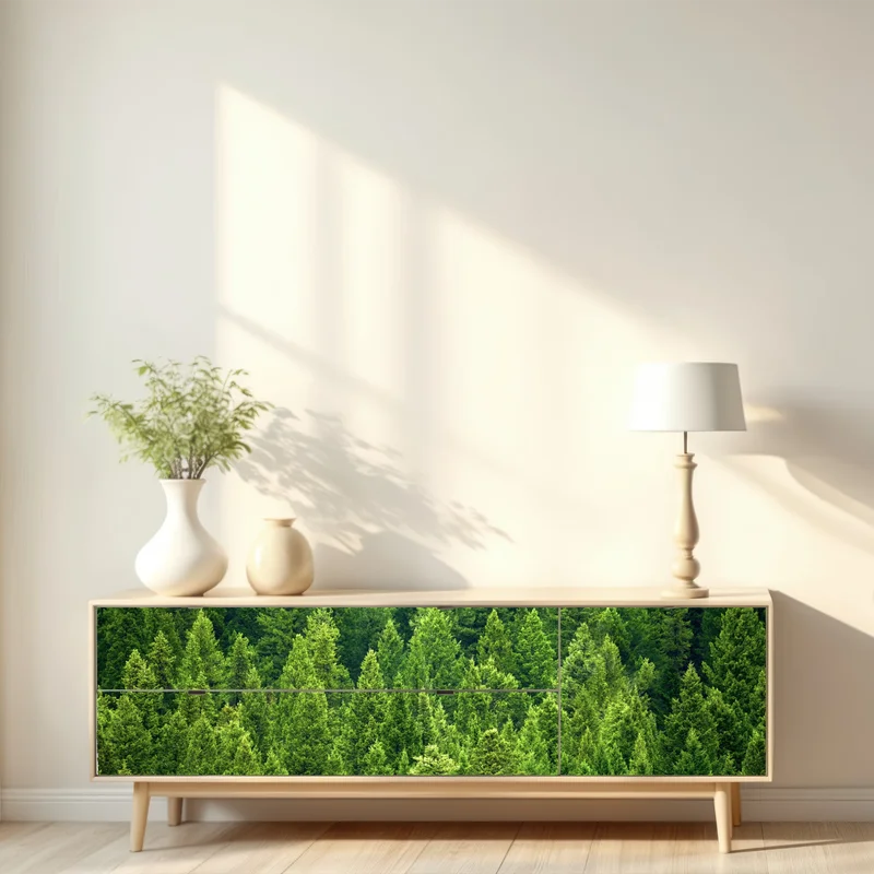 Repositionierbarer Aufkleber üppige kronen eines kieferwaldes