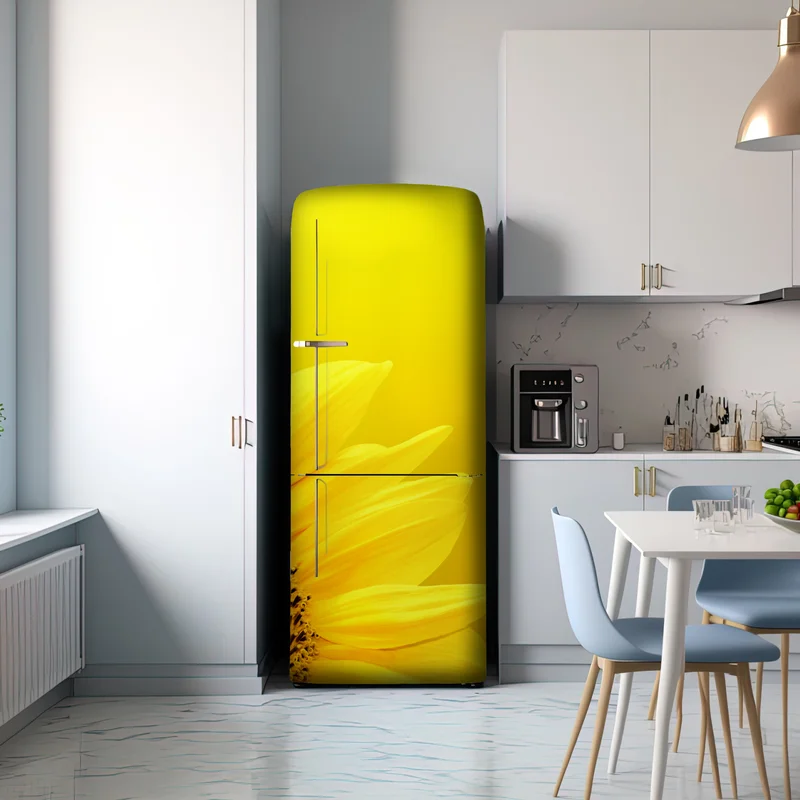 Kühlschrankaufkleber leuchtende sonnenblume nahaufnahme auf gelbem hintergrund Kühlschrankaufkleber leuchtende sonnenblume nahaufnahme auf gelbem hintergrund