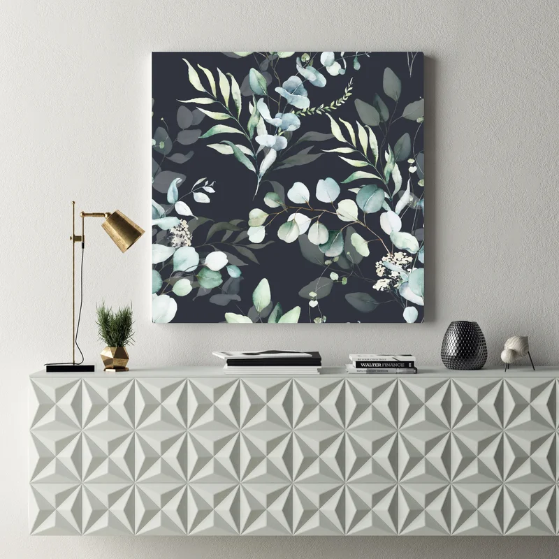 Leinwandbild eukalyptus aquarell botanisches muster auf dunklem hintergrund Leinwandbild eukalyptus aquarell botanisches muster auf dunklem hintergrund