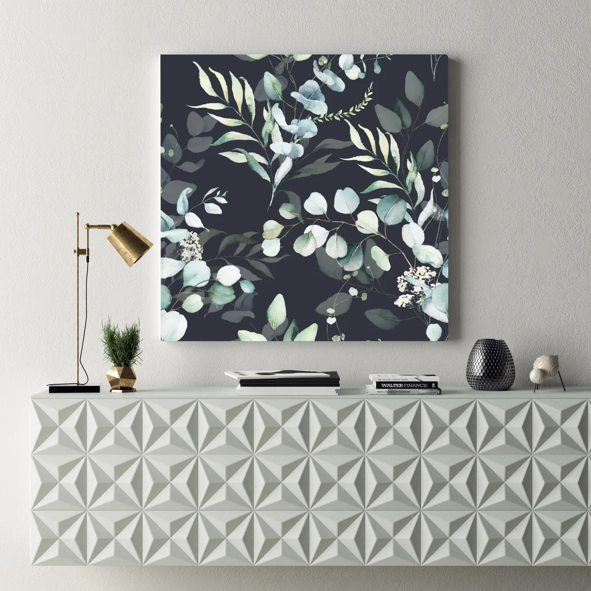 Leinwandbild eukalyptus aquarell botanisches muster auf dunklem hintergrund Leinwandbild eukalyptus aquarell botanisches muster auf dunklem hintergrund