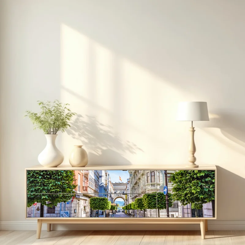 Repositionierbarer Aufkleber Santander straße im stadtkern mit historischem bogen