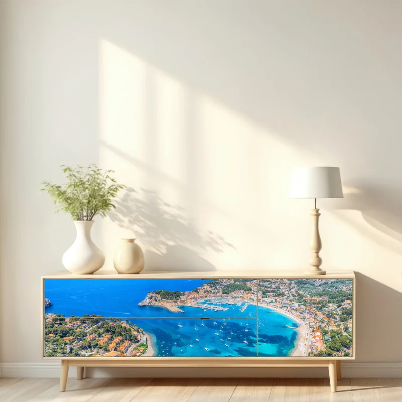 Repositionierbarer Aufkleber luftaufnahme der bucht von Port de Sóller