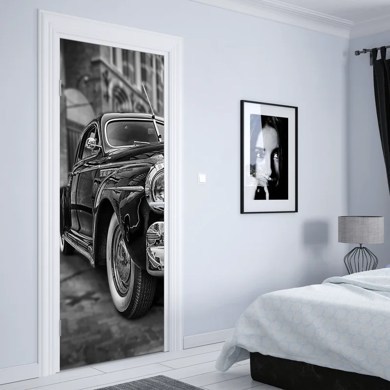 Türaufkleber vintage klassisches auto auf kopfsteinpflaster