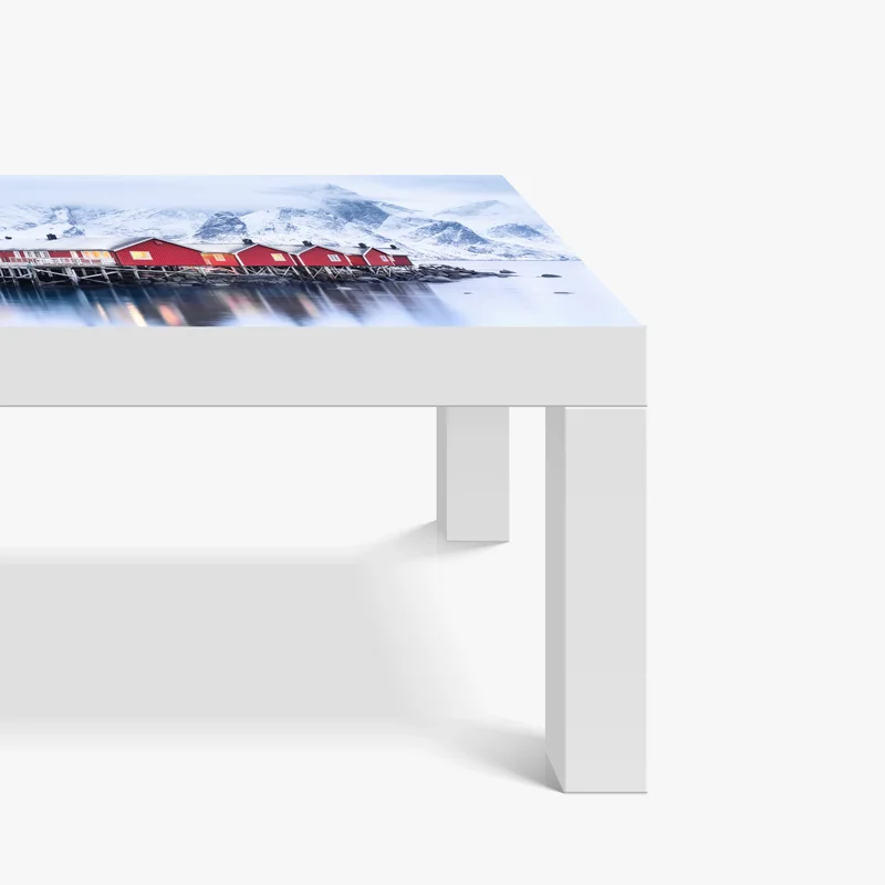 Tischaufkleber und Schreibtischaufkleber sonnenaufgang über den roten hütten der Lofoten