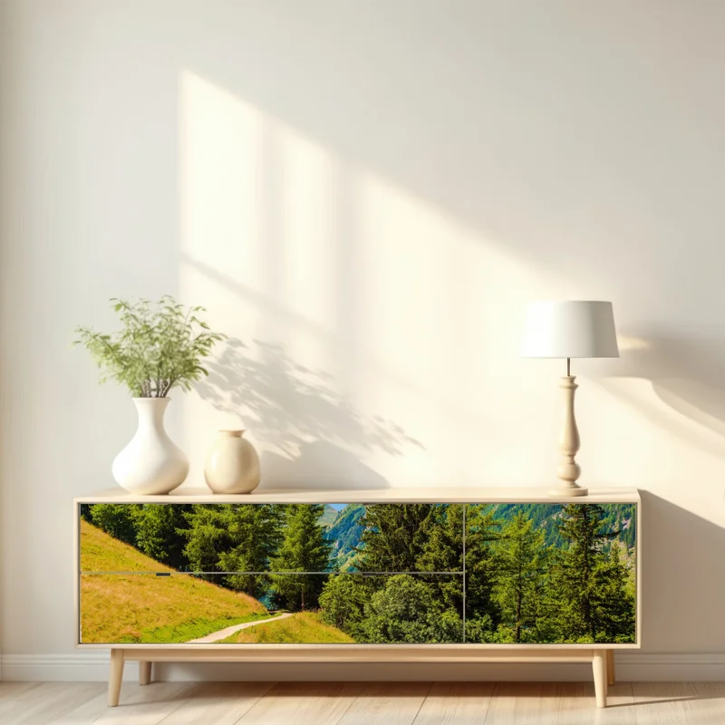 Repositionierbarer Aufkleber bergweg in den Schweizer Alpen im Sommer