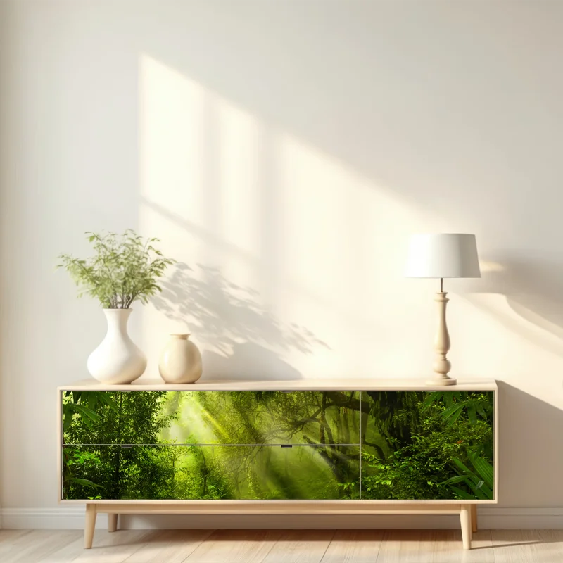 Repositionierbarer Aufkleber sonnenbeschienener waldweg