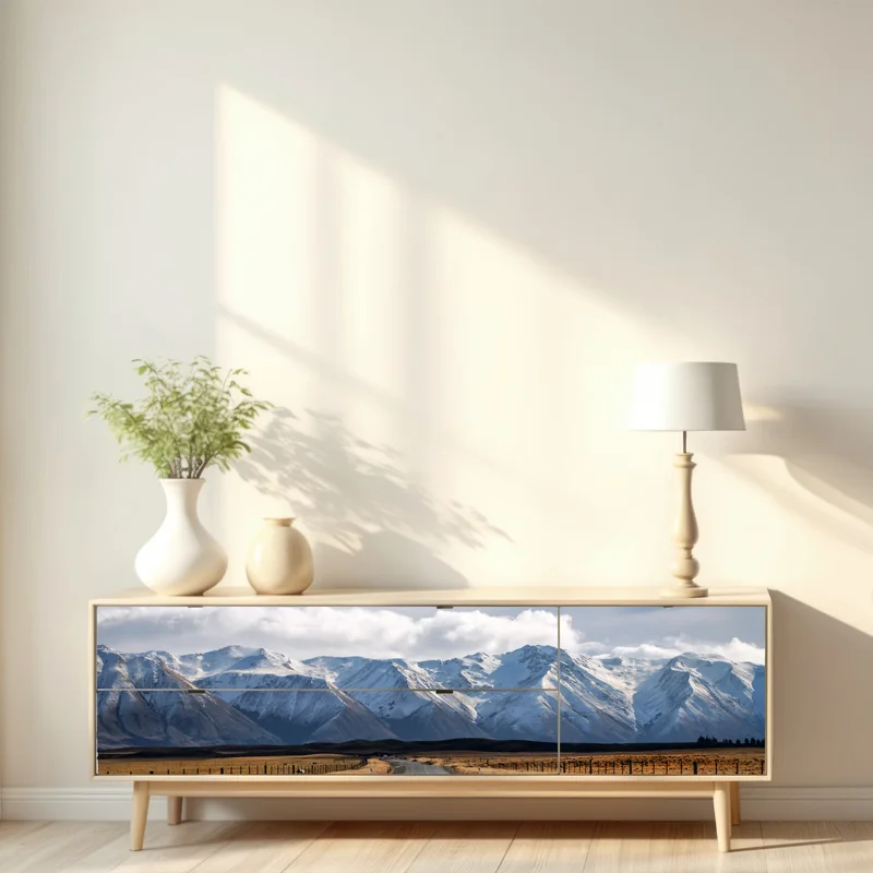 Repositionierbarer Aufkleber straße zur schneebedeckten bergwelt, Neuseeland Repositionierbarer Aufkleber straße zur schneebedeckten bergwelt, Neuseeland