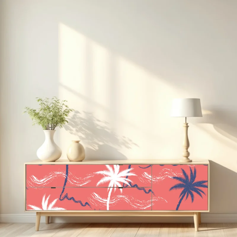 Repositionierbarer Aufkleber tropisches palmenmuster in koralle und dunkelblau