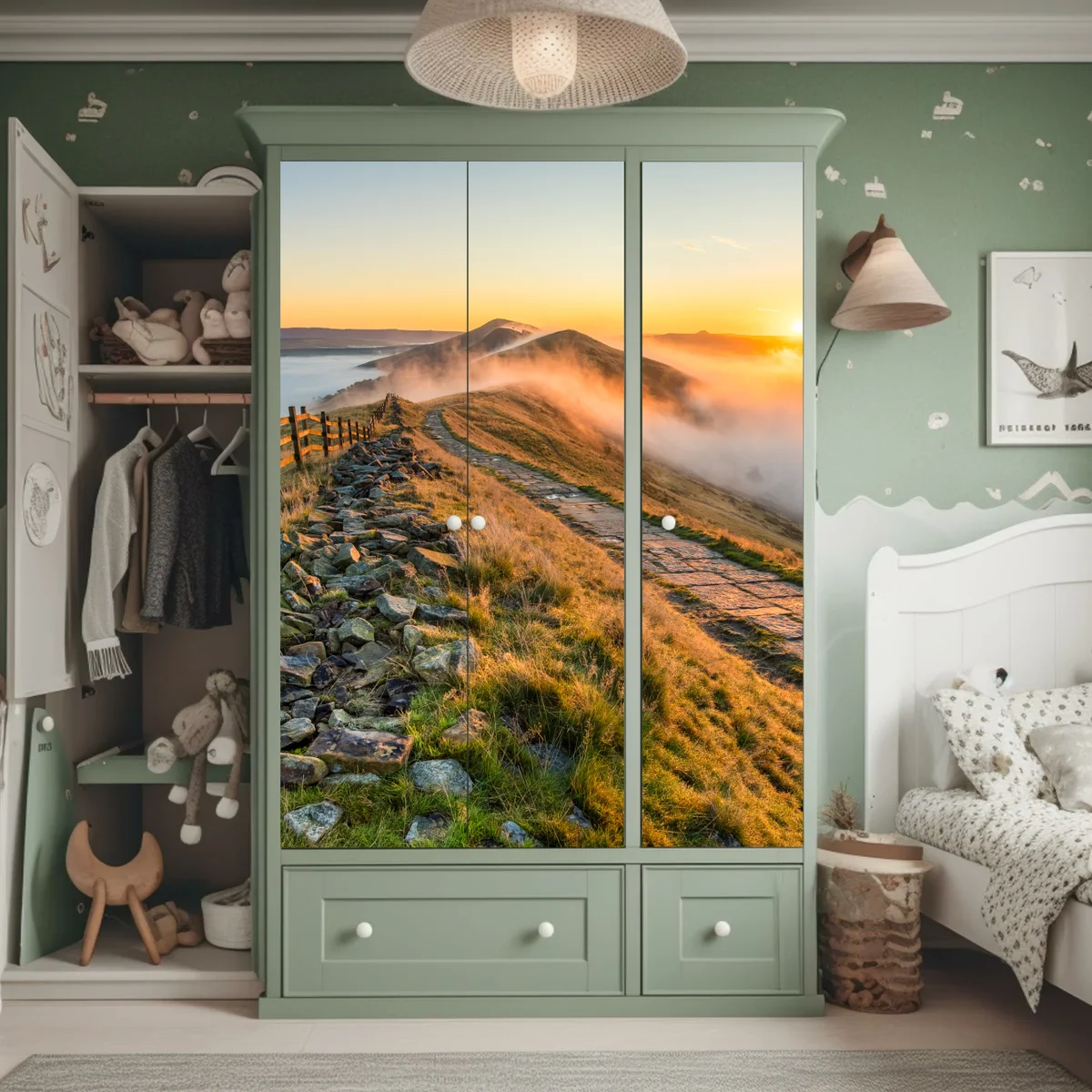 Schrankaufkleber sonnenaufgang über einem nebligen bergrücken mit steinweg Schrankaufkleber sonnenaufgang über einem nebligen bergrücken mit steinweg