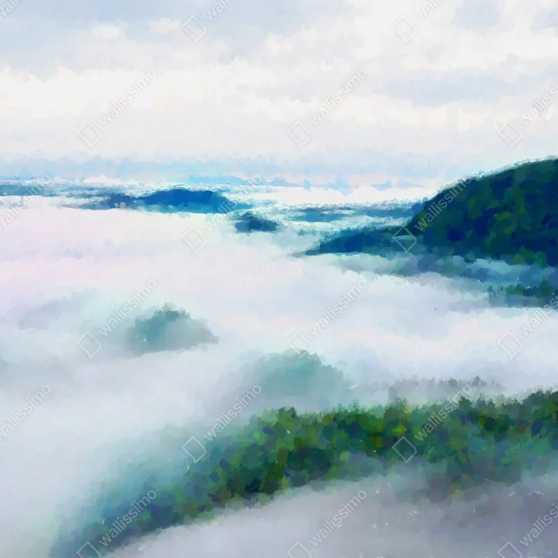 Poster Aquarell-Effekt. herrlich schwerer Nebel in der Landschaft. Sahnenenebel im Herbst • Poster bei Wallnifity® Poster Aquarell-Effekt. herrlich schwerer Nebel in der Landschaft. Sahnenenebel im Herbst • Poster bei Wallnifity®