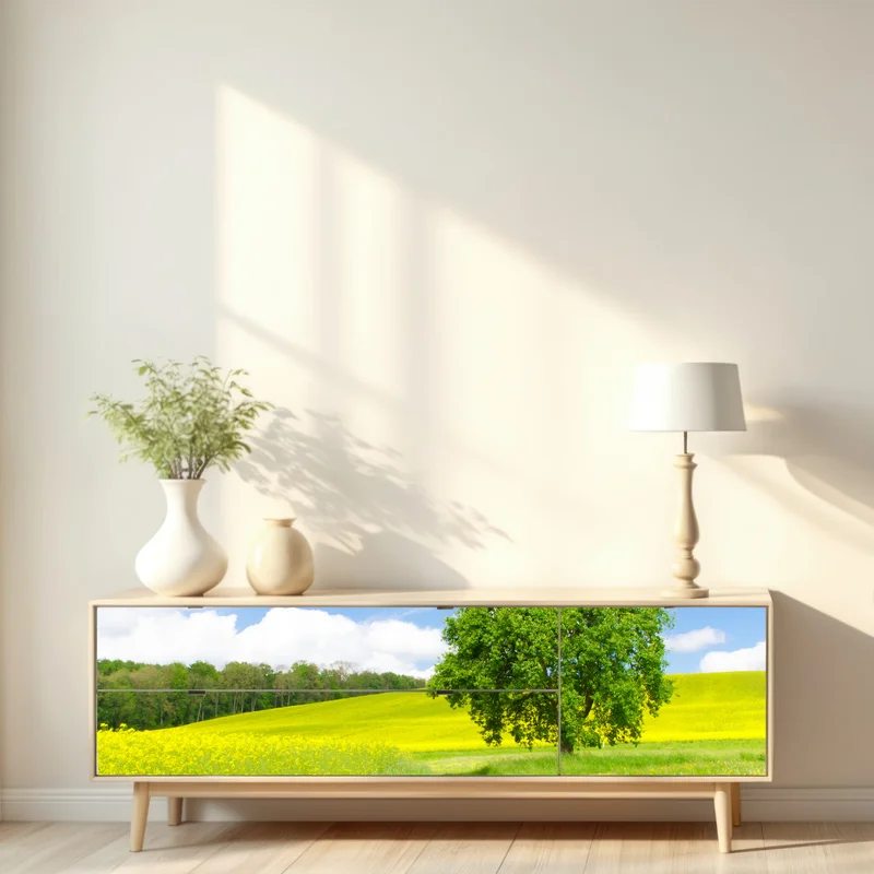 Repositionierbarer Aufkleber sonniger feldweg mit einsamem baum