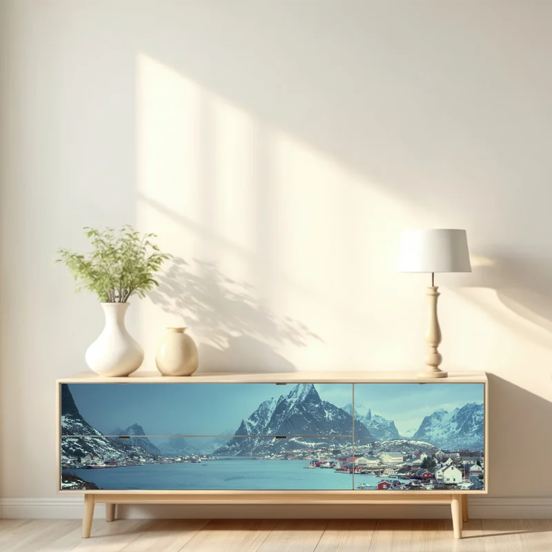 Repositionierbarer Aufkleber Reine winterlicher fjord in den Lofoten