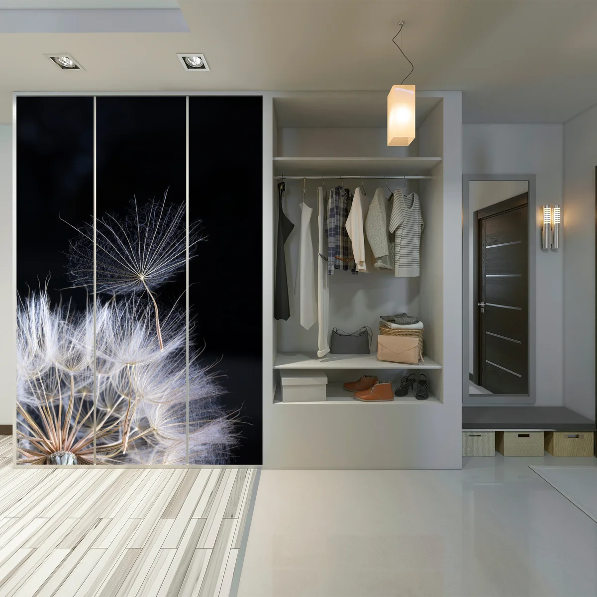 Schrankaufkleber zarter löwenzahnsamen auf schwarzem hintergrund Schrankaufkleber zarter löwenzahnsamen auf schwarzem hintergrund