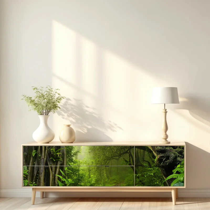 Repositionierbarer Aufkleber üppiger nebliger waldpfad