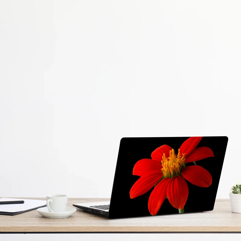 Laptop-Aufkleber leuchtende mexikanische sonnenblume auf schwarzem hintergrund