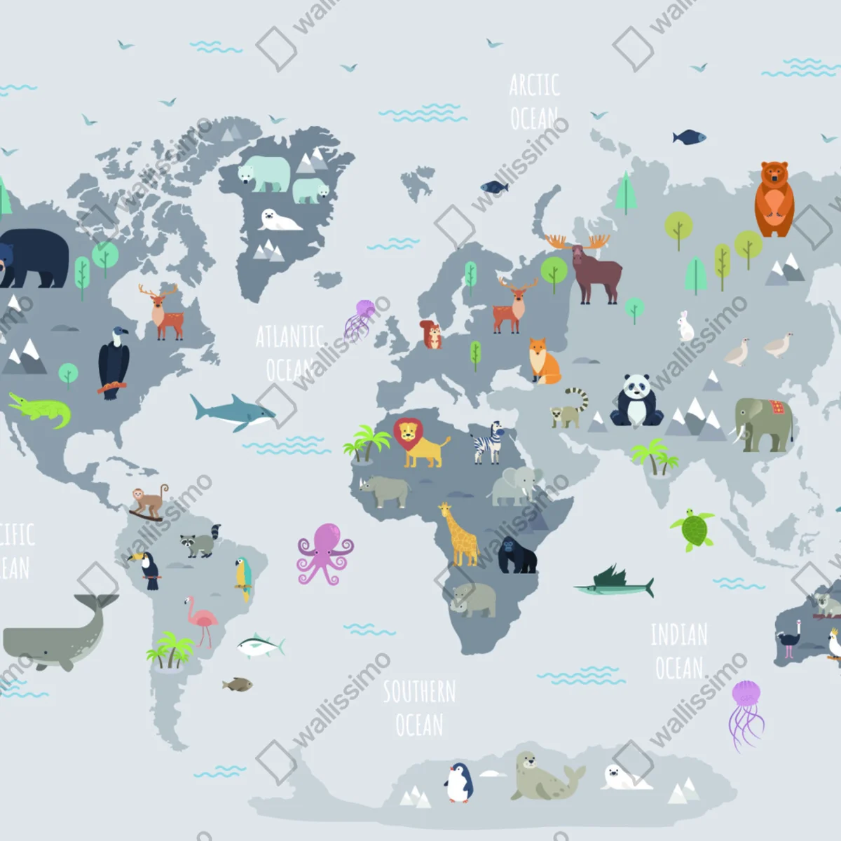 Fototapeta mapa świata ze zwierzętami w pastelowych kolorach Fototapeta mapa świata ze zwierzętami w pastelowych kolorach