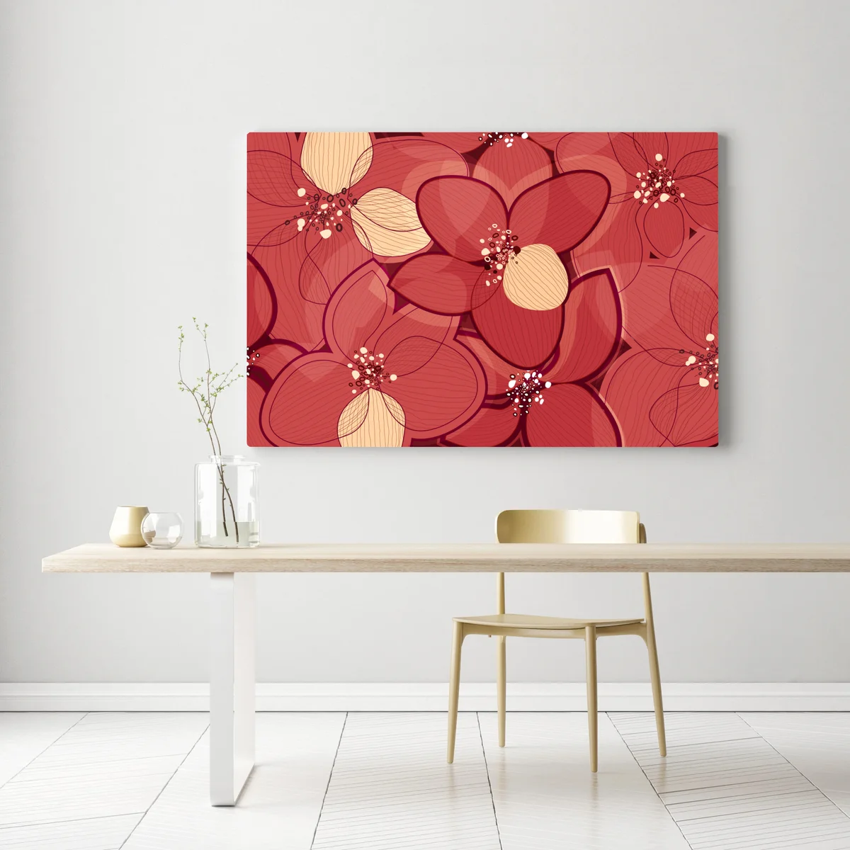 Leinwandbild rotes blumenmuster mit beigen mittelpunkten Leinwandbild rotes blumenmuster mit beigen mittelpunkten