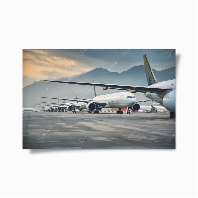 Poster reihe von jetlinern auf nebliger startbahn • Poster bei Wallnifity® Poster reihe von jetlinern auf nebliger startbahn • Poster bei Wallnifity®