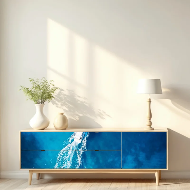 Repositionierbarer Aufkleber jacht über dem kristallblauen ozean