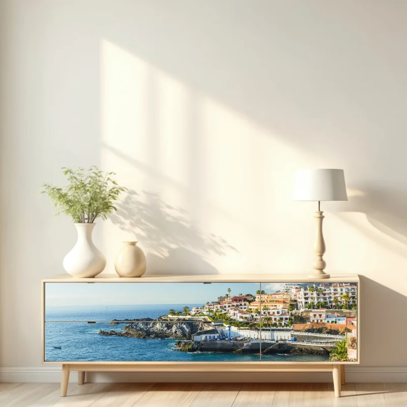 Repositionierbarer Aufkleber sonnige panorama der küstenstadt