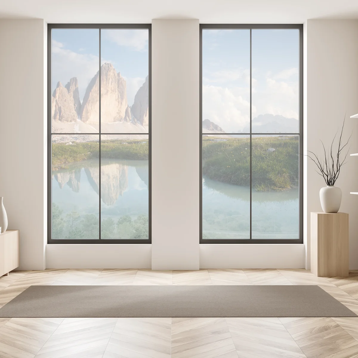 Fensteraufkleber sonnenbeschienene alpengipfel im spiegel des ruhigen sees Fensteraufkleber sonnenbeschienene alpengipfel im spiegel des ruhigen sees