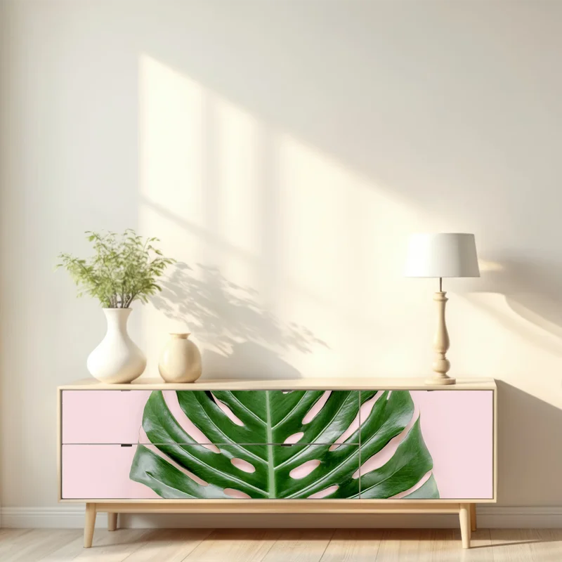 Repositionierbarer Aufkleber monstera-blatt auf pastell-rosa hintergrund