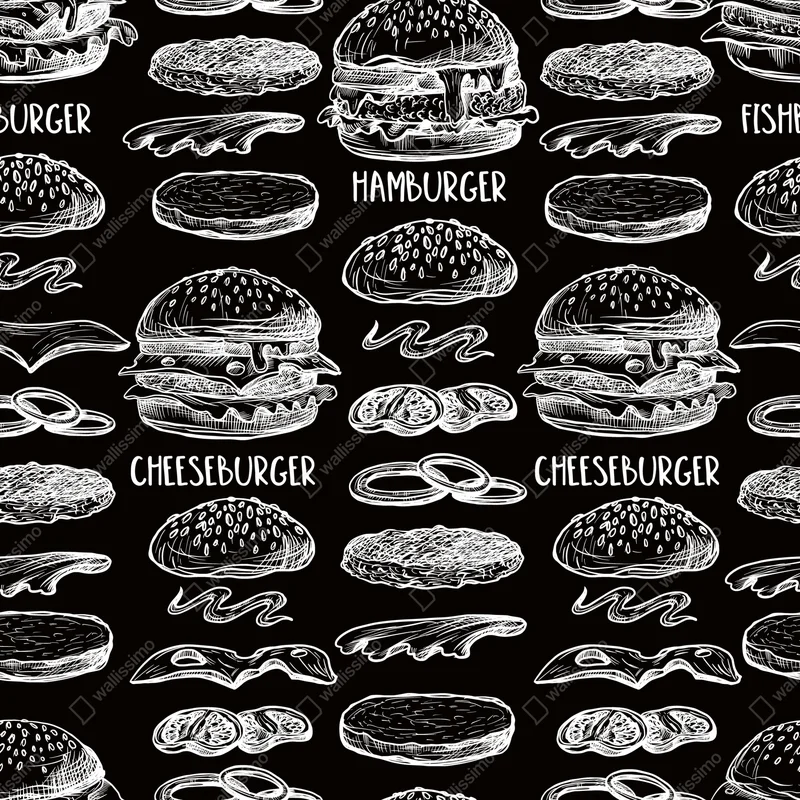 Fototapete handgezeichnetes burger-muster auf schwarzem hintergrund Fototapete handgezeichnetes burger-muster auf schwarzem hintergrund