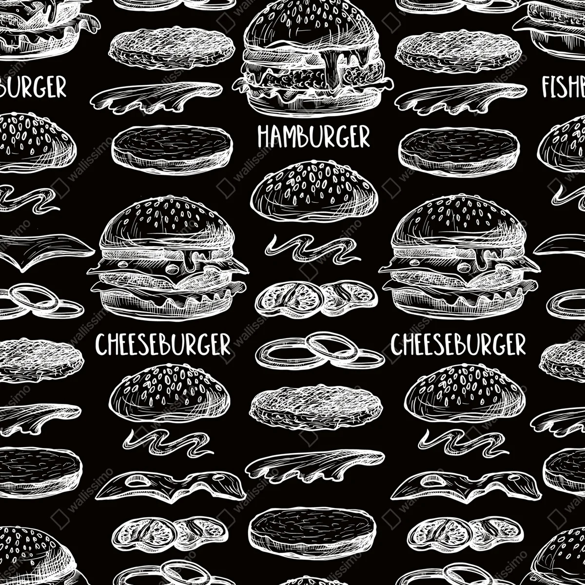 Fototapete handgezeichnetes burger-muster auf schwarzem hintergrund Fototapete handgezeichnetes burger-muster auf schwarzem hintergrund