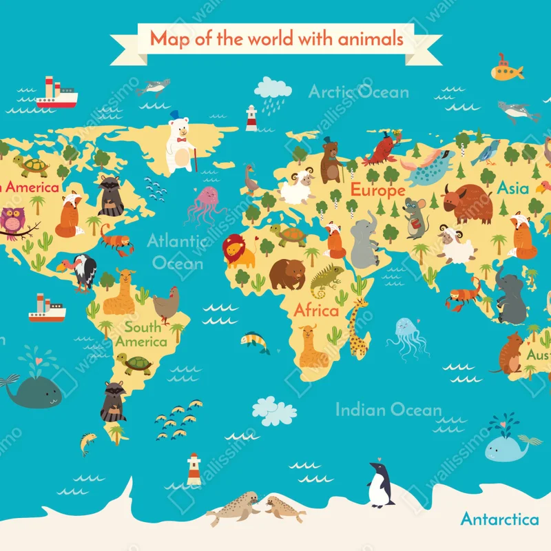 Fototapeta zabawna mapa świata ze zwierzętami Fototapeta zabawna mapa świata ze zwierzętami