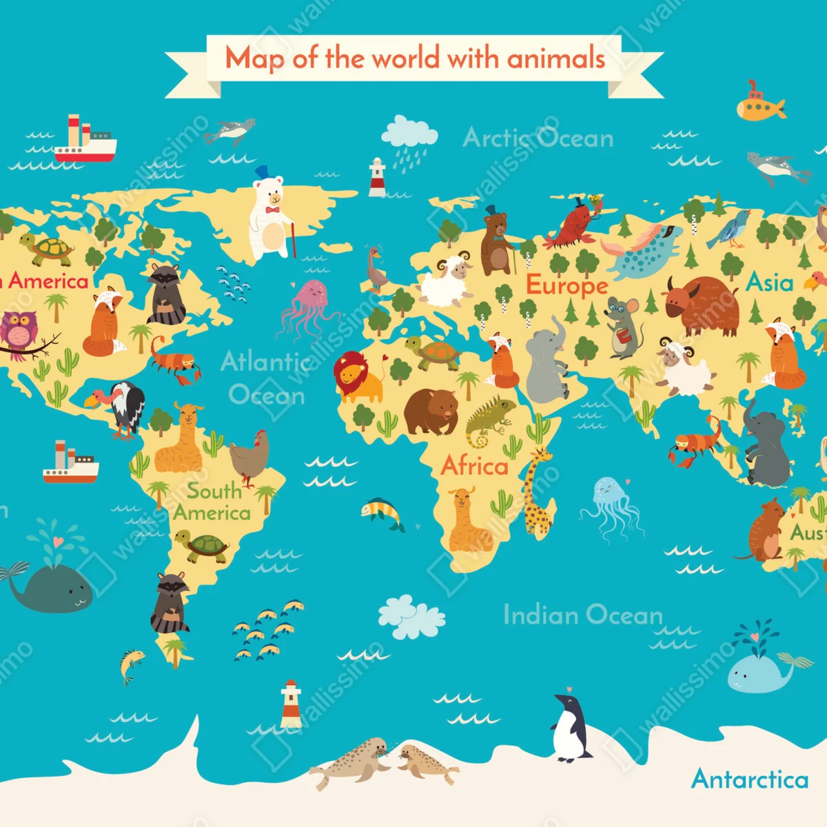 Fototapeta zabawna mapa świata ze zwierzętami Fototapeta zabawna mapa świata ze zwierzętami