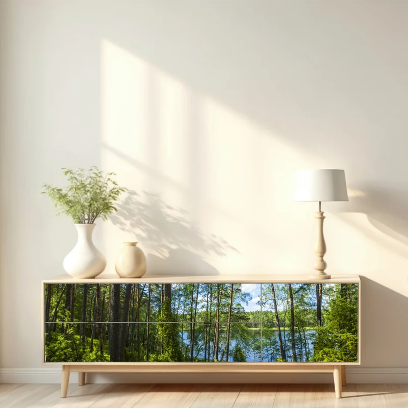 Repositionierbarer Aufkleber ruhiger kiefernwald am see