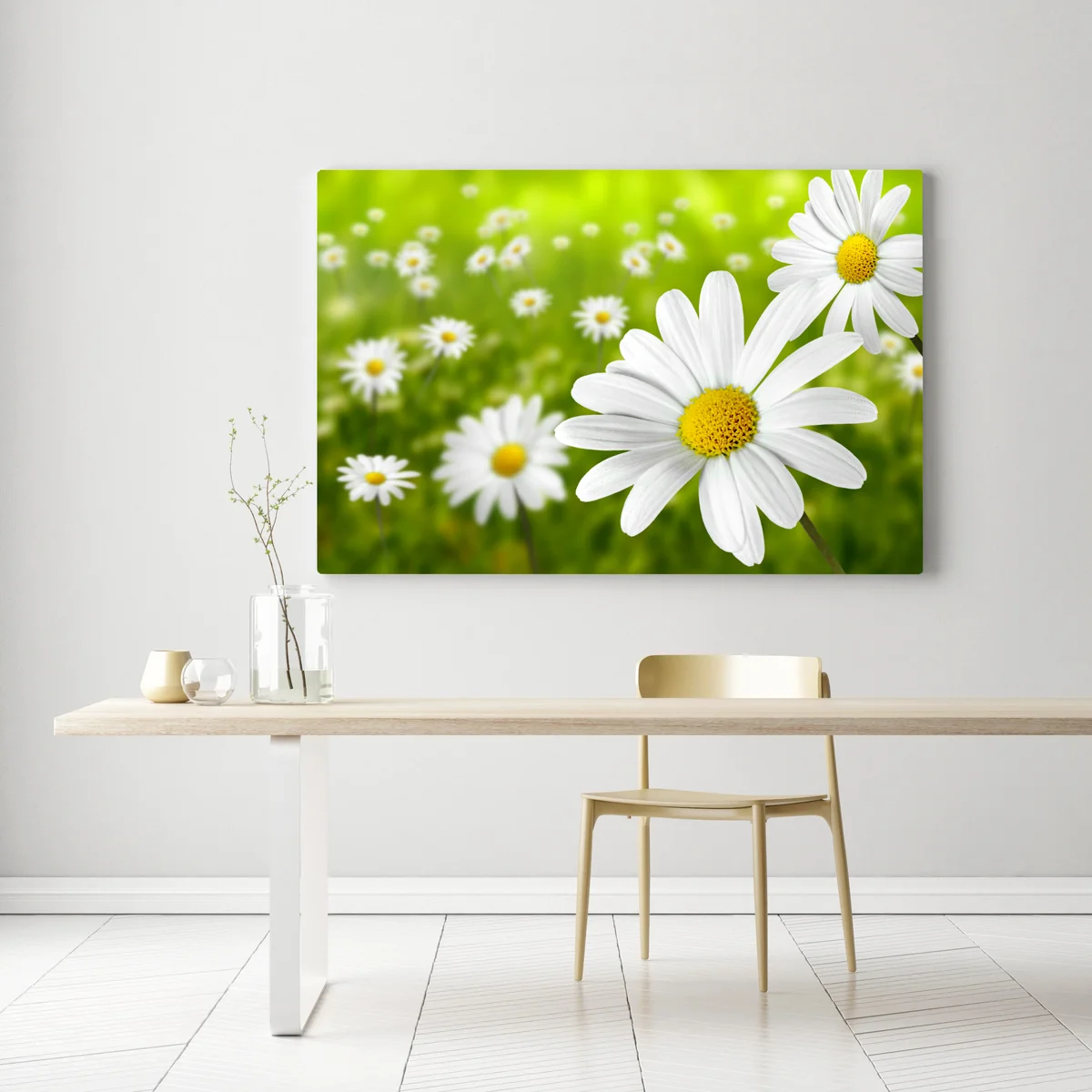 Leinwandbild weiße gänseblümchen auf der wiese Leinwandbild weiße gänseblümchen auf der wiese