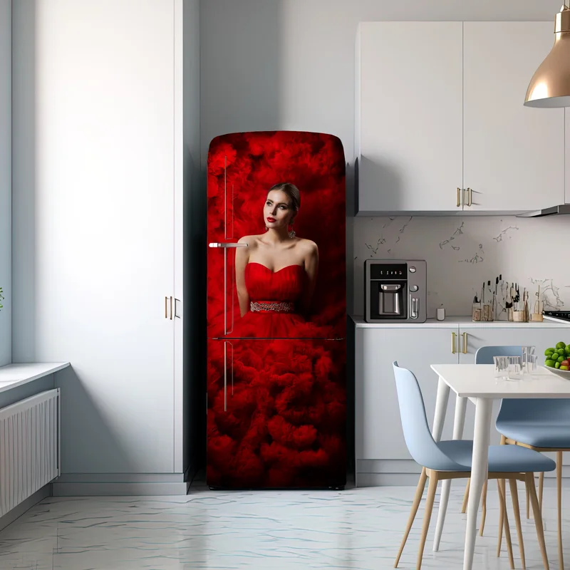 Kühlschrankaufkleber elegantes porträt im roten kleid
