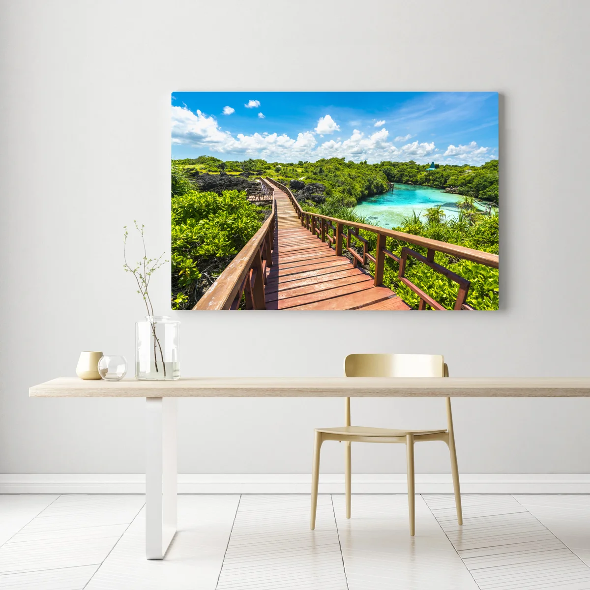 Leinwandbild tropischer holzsteg zur türkislagune Leinwandbild tropischer holzsteg zur türkislagune
