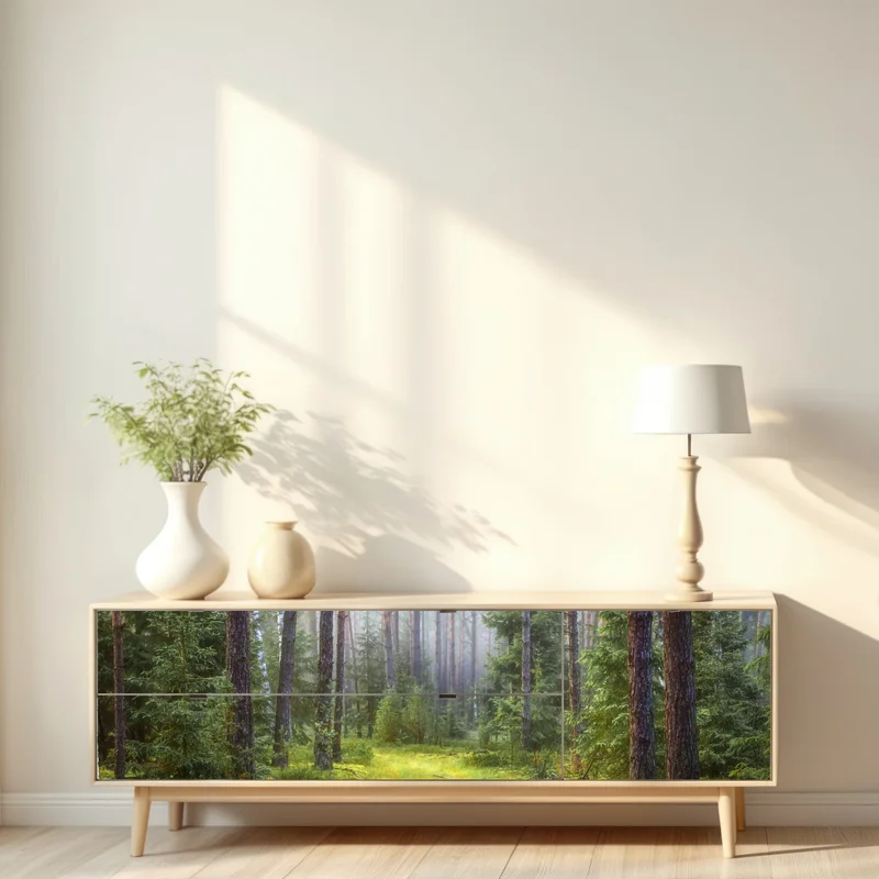 Repositionierbarer Aufkleber nebliger kiefernwald mit pfad