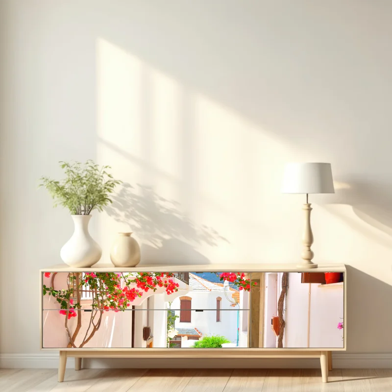 Repositionierbarer Aufkleber sonnige mediterrane gasse mit bougainvillea