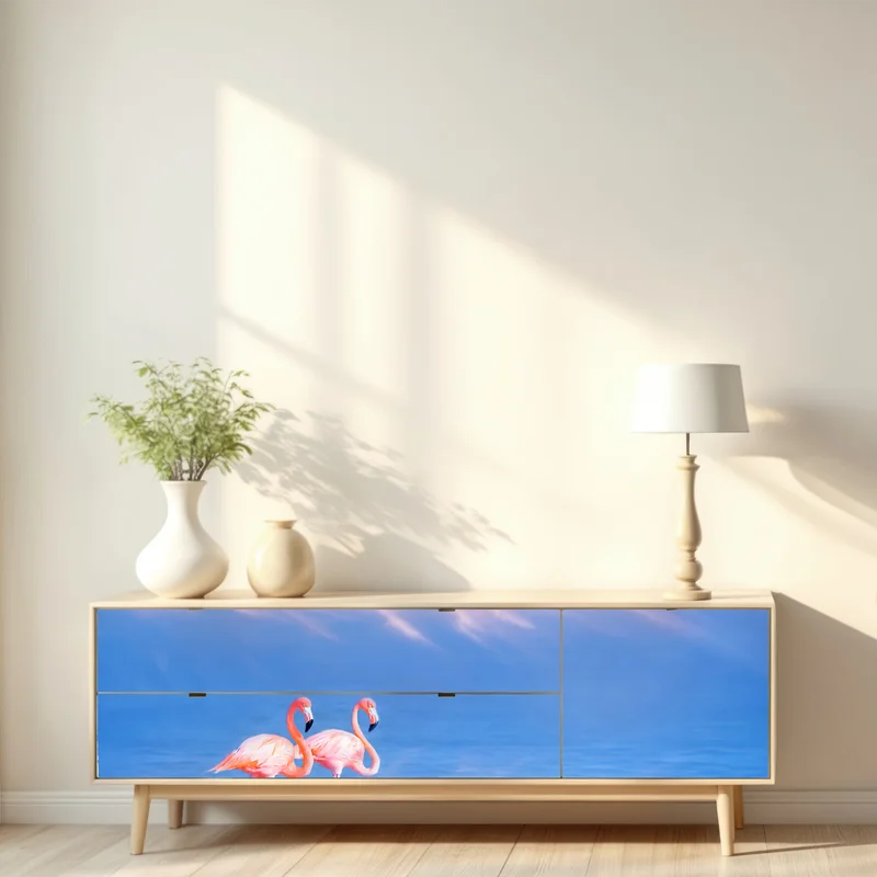 Repositionierbarer Aufkleber rosa flamingos auf pastellfarbenem wasser