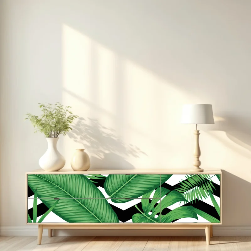 Repositionierbarer Aufkleber tropisches blättermuster auf zickzack-hintergrund