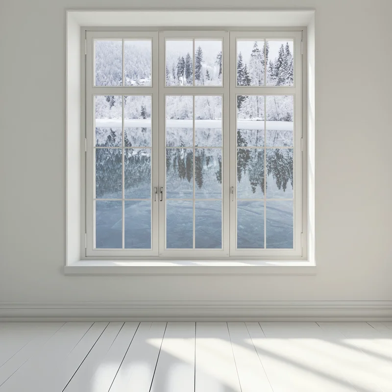 Fensteraufkleber winterlicher see mit spiegelung im verschneiten wald Fensteraufkleber winterlicher see mit spiegelung im verschneiten wald