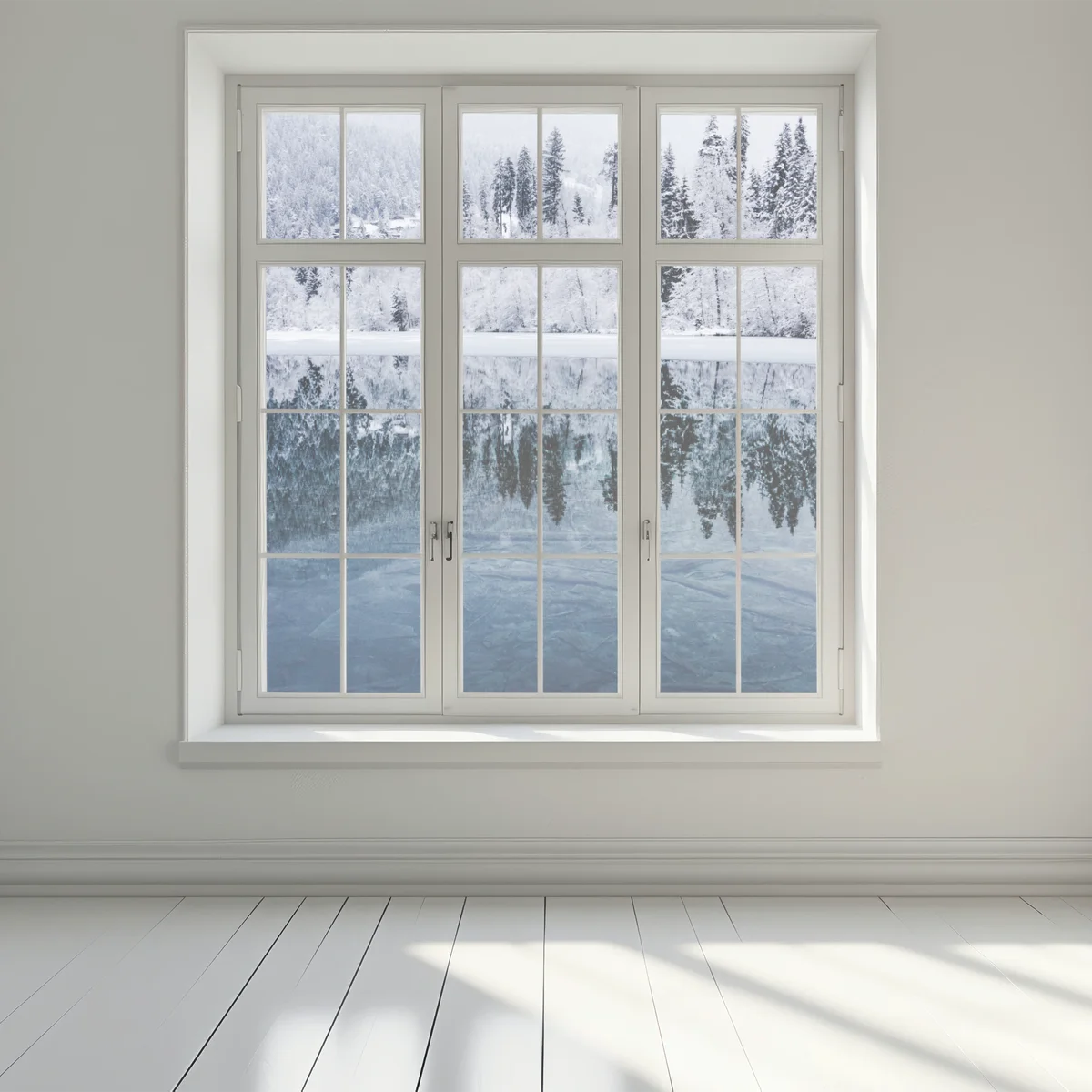 Fensteraufkleber winterlicher see mit spiegelung im verschneiten wald Fensteraufkleber winterlicher see mit spiegelung im verschneiten wald