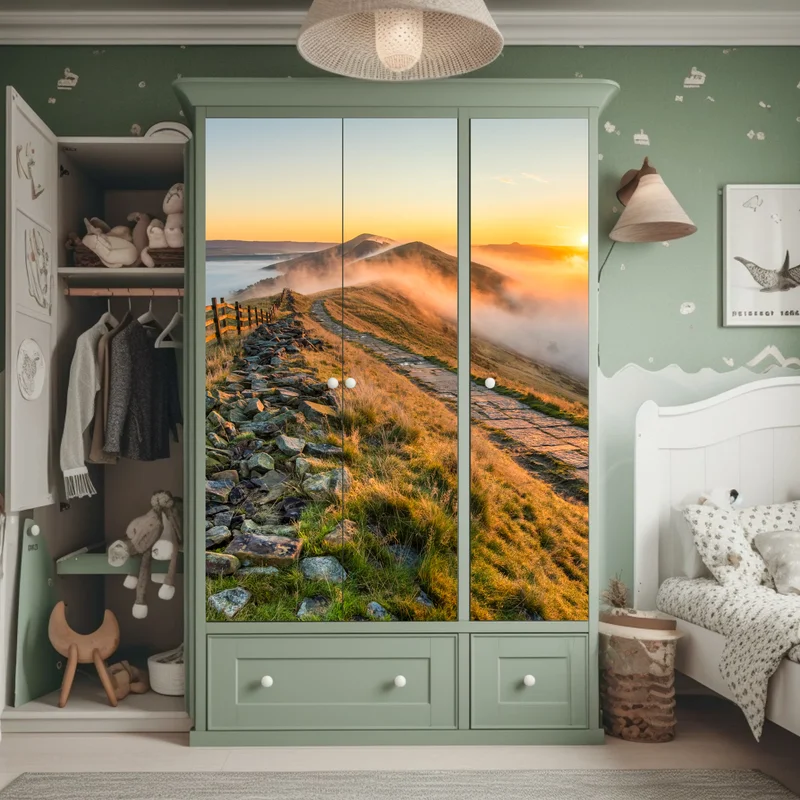 Schrankaufkleber sonnenaufgang über einem nebligen bergrücken mit steinweg