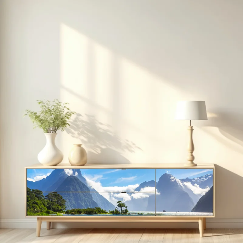 Repositionierbarer Aufkleber malerische berglandschaft am fjord Repositionierbarer Aufkleber malerische berglandschaft am fjord