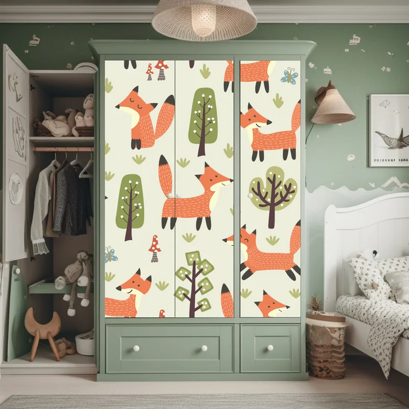 Schrankaufkleber verspieltes waldmuster mit füchsen Schrankaufkleber verspieltes waldmuster mit füchsen