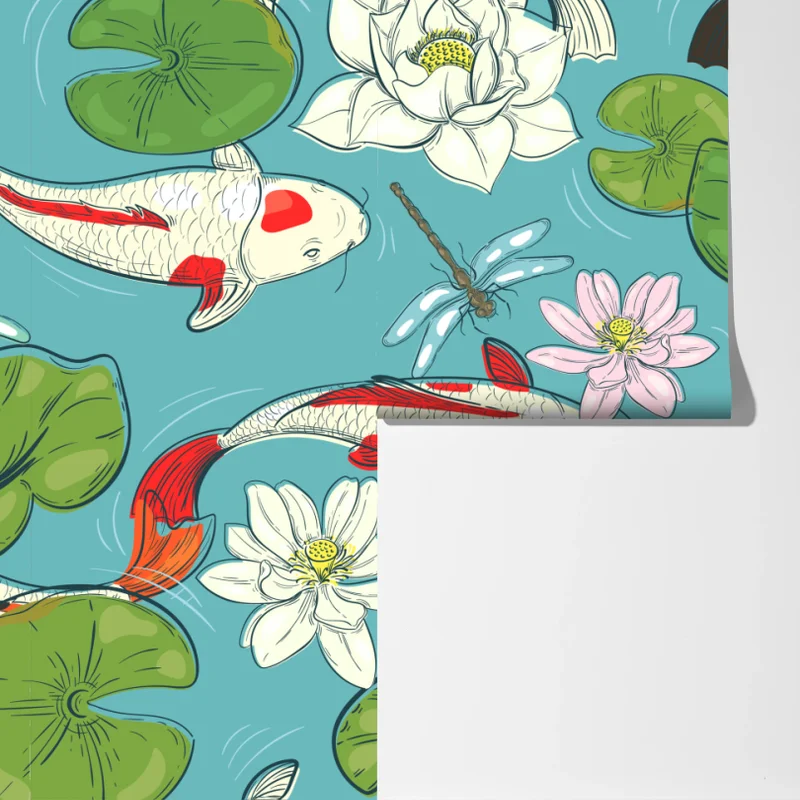 Fototapete ruhiger koi-teich mit lotuspflanzen Fototapete ruhiger koi-teich mit lotuspflanzen