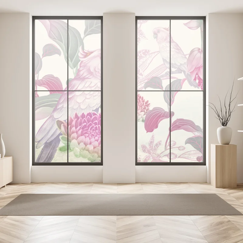 Fensteraufkleber rosa papagei und chrysantheme - botanisches motiv